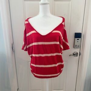 We The Free Top S | Red Cream Stripe Oversized V Neck